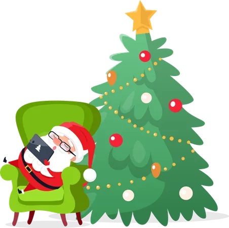 Merry Christmas Santa Claus Laying On Armchair Sleeping Vector Tired Old Man With Laptop And Sign Of Pine Evergreen Tree Decorated Fir Baubles And Balls Illustration