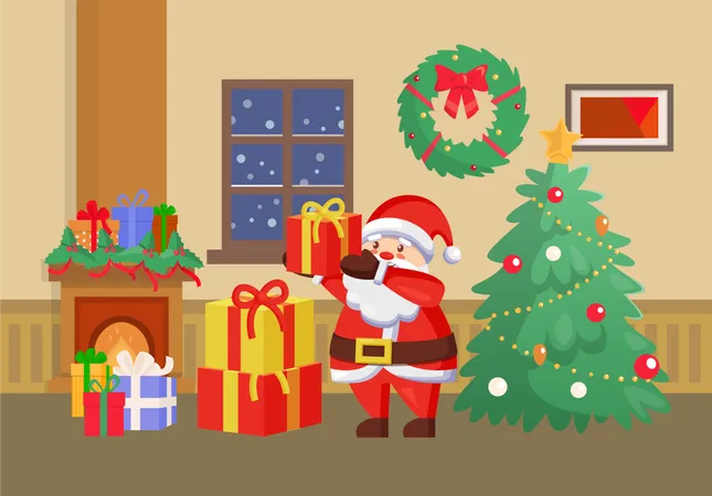 Merry Christmas Santa Claus With Presents Gifts Vector Home Interior Celebration Decor With Baubles Star Wreath On Wall Fireplace With Gifts In Boxes Illustration