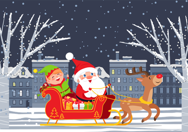 Merry Christmas Santa with Elf Riding Carriage  イラスト