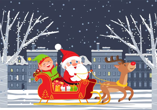 Merry Christmas Winter Holidays Greeting Poster Santa Claus With Elf And Presents Sit In Carriage With Reindeer Cityscape With Homes And Trees Snowing Weather In Village At Night Vector In Flat Illustration