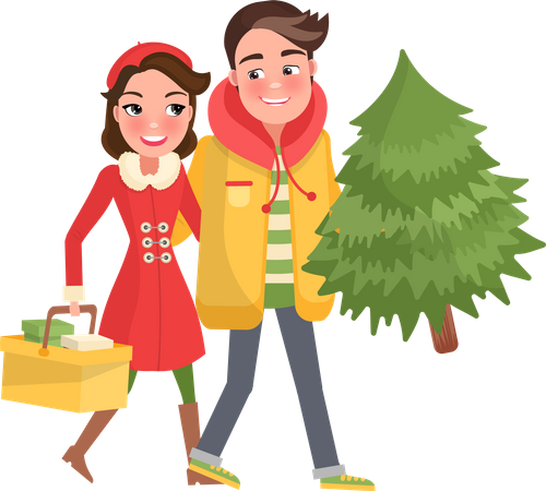 Merry Couple Returns from Shopping, Christmas Tree  Illustration
