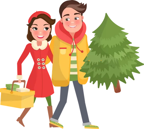 Merry Couple Return From Shopping Christmas Tree And Packages Happy Young Family Getting Ready To Xmas Eve Man And Woman With Spruce Isolated Vector Illustration