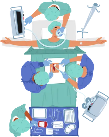 Mesa cirúrgica cercada por equipamentos médicos  Ilustração