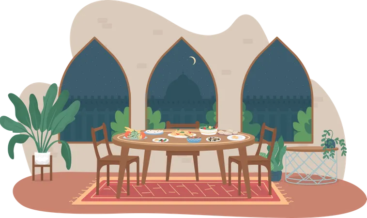 Pancarta Web Vectorial 2 D De Comida De Ramadan Afiche Cena Familiar Iftar Ayuno De Ramazan Interior Plano De Una Casa India Tradicional Sobre Fondo De Dibujos Animados Parche Imprimible De La Cultura Arabe Elemento Web Colorido Ilustración