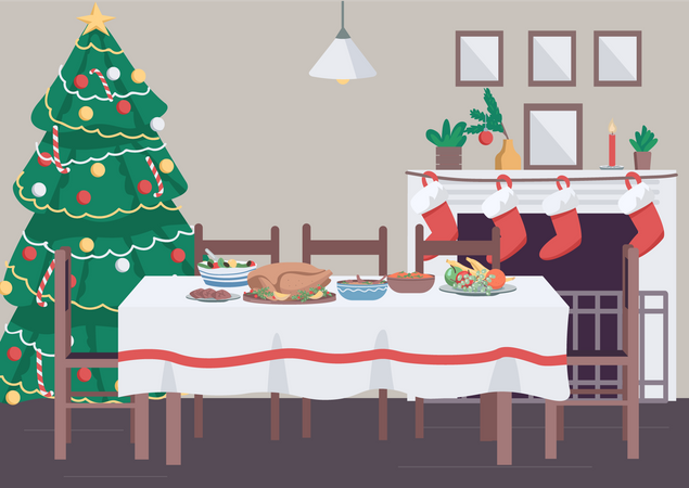 Mesa de cena navideña  Ilustración