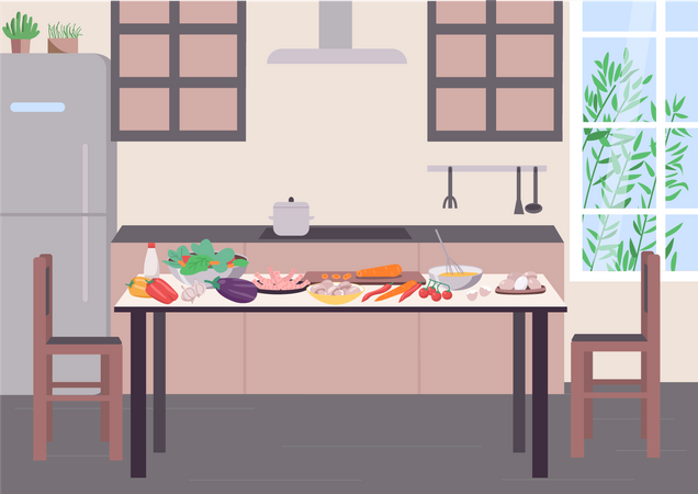Mesa de cocina para cocinar  Ilustración