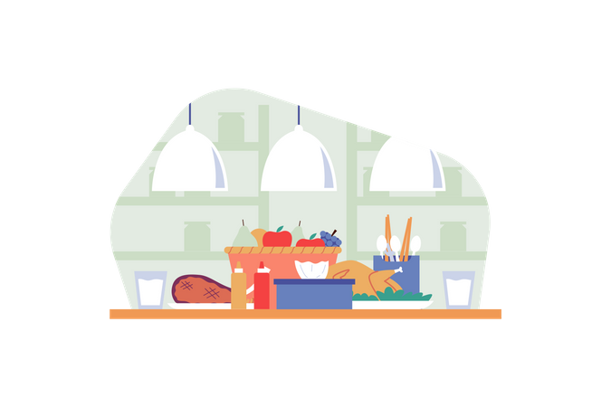Mesa de comedor llena de comida  Ilustración