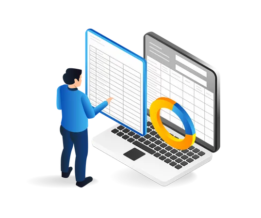 Hombre haciendo mesa con excel  Ilustración