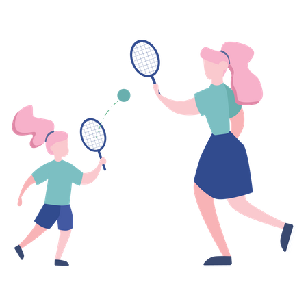 Madre e hija jugando tenis  Ilustración