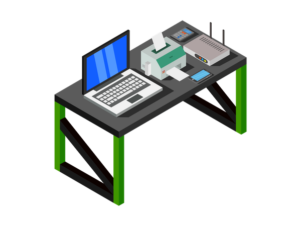 Mesa de trabalho com laptop, impressora e roteador  Ilustração