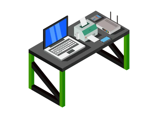 Mesa de trabalho com laptop, impressora e roteador  Ilustração