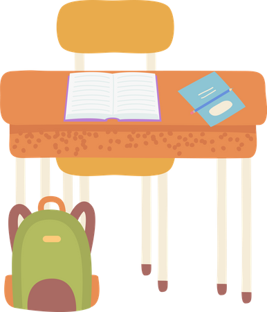 Mesa de trabalho escolar com cadeira, livro e caderno  Ilustração
