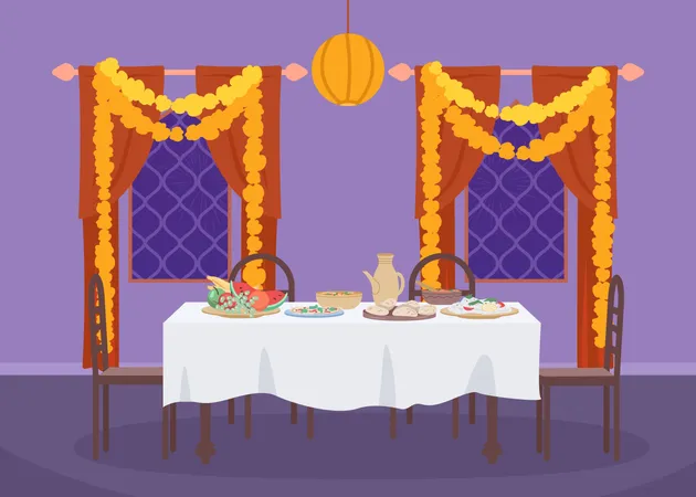 Mesa Servida Para Ilustracao Vetorial De Cor Plana Do Jantar Diwali Feriado Indiano Tradicional Festival Religioso Interior De Desenho Animado Simples 2 D Totalmente Editavel Com Interior De Casa Em Segundo Plano Ilustração