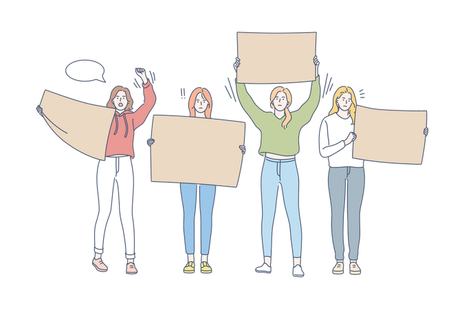 Mesdames faisant une manifestation tenant une pancarte  Illustration
