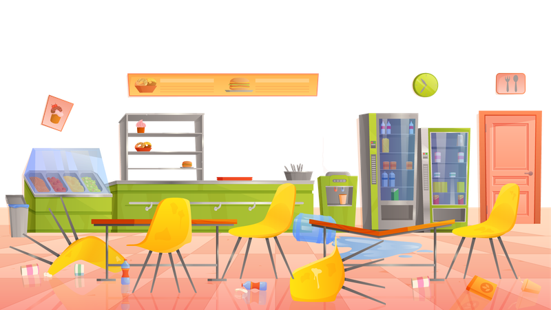 Mess in school cafeteria after lunch of children, empty messy dirty lunchroom interior  イラスト
