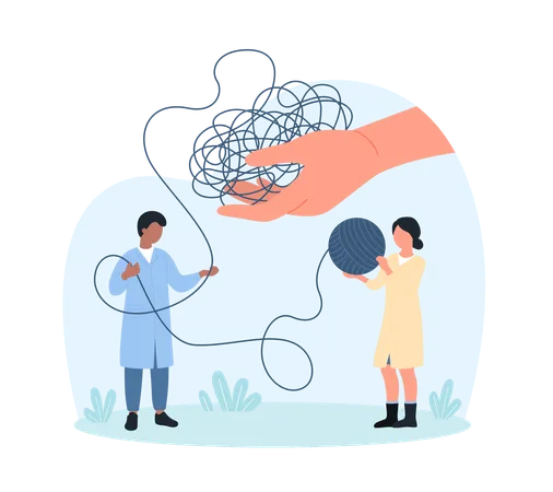 Mess In Thoughts Psychology Vector Illustration Cartoon Patients Hand Giving Tangled Knot Of Threads To Tiny People To Unravel Doctors Coach Or Psychologists Bring Order And Untangle String Illustration