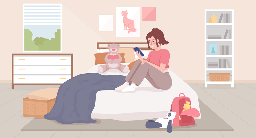 Messaging on smartphone in bedroom  Illustration
