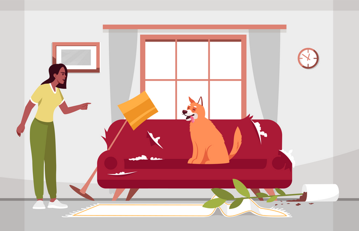 Messy living room and naughty dog  Illustration