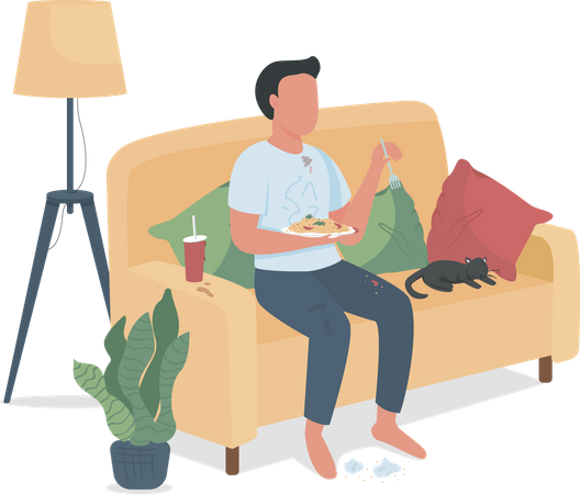 Messy man eating on couch  Illustration