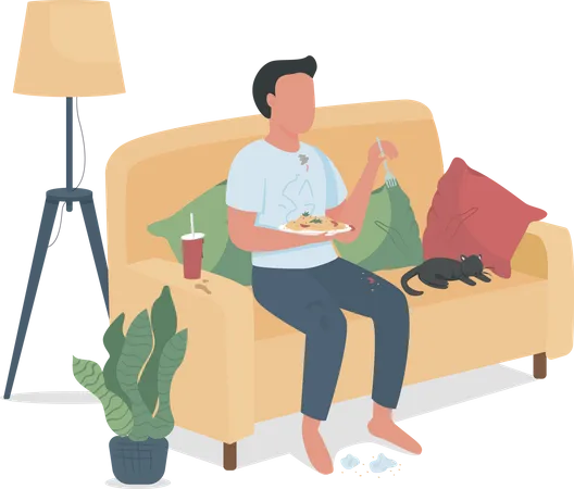 Messy man eating on couch  Illustration