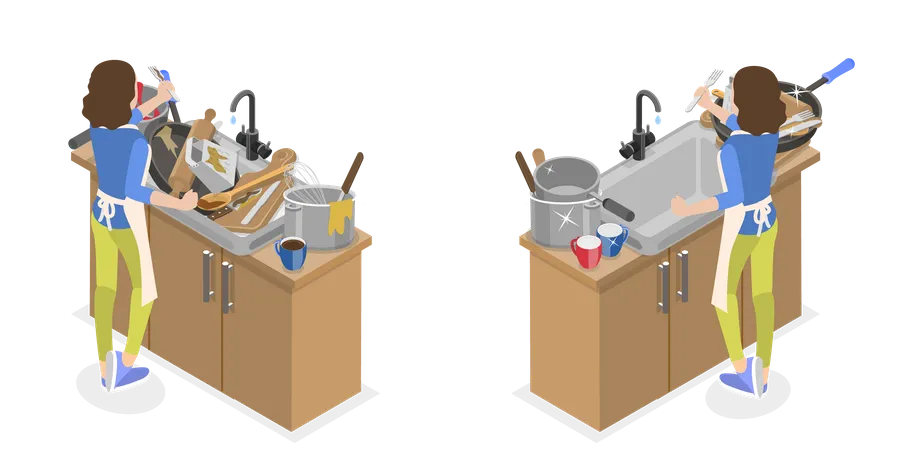 3 D Isometric Flat Vector Conceptual Illustration Of Messy Vs Clean Kitchen Household Cutlery Before And After Wash Illustration