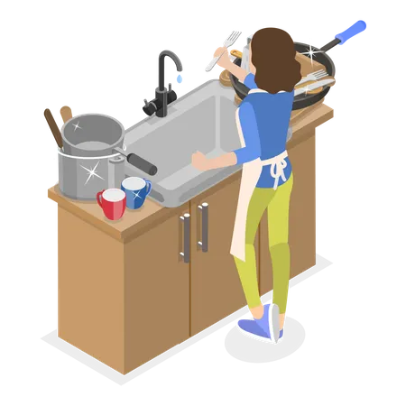 3 D Isometric Flat Vector Illustration Of Messy Vs Clean Kitchen Household Cutlery Before And After Wash Item 1 Illustration