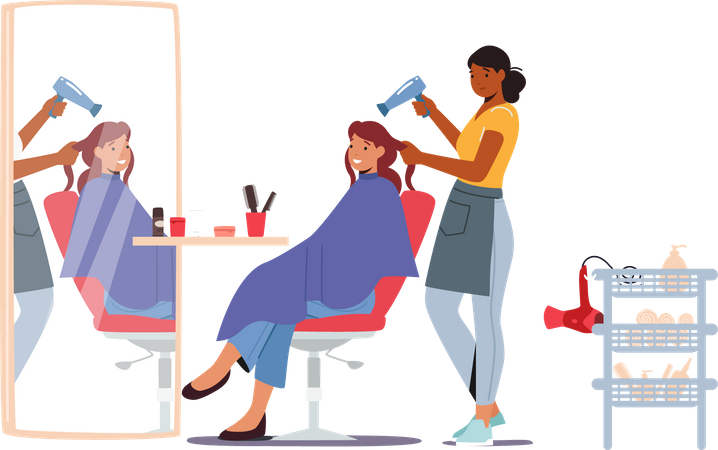 Mestre cabeleireiro fazendo corte de cabelo para menina secando cabelo com ventilador na frente do espelho  Ilustração