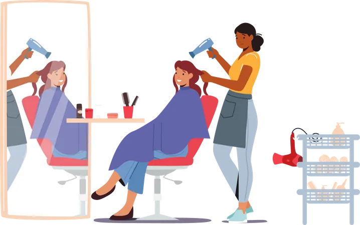 Mestre cabeleireiro fazendo corte de cabelo para menina secando cabelo com ventilador na frente do espelho  Ilustração