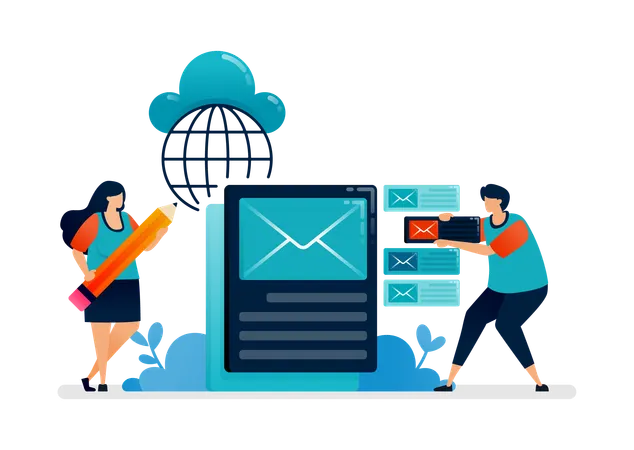 Metaphor of replying and organizing corporate emails for work efficiency. Can be used for seamless office template, homepage, landing page, proster ads  Illustration