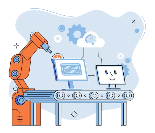 Métaphore de la fabrication intelligente avec une ligne de production automatisée  Illustration