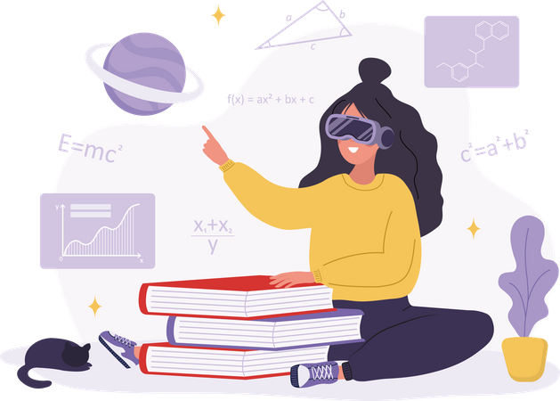 Metaverse online education. Woman learning in VR glasses. Cyberspace or Virtual reality concept. Modern technology for students. Vector illustration in flat cartoon style  Illustration