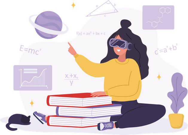 Metaverse online education. Woman learning in VR glasses. Cyberspace or Virtual reality concept. Modern technology for students. Vector illustration in flat cartoon style  Illustration