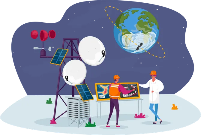 Meteorologe an einer Wetterstation in der Nähe eines Sendemasts mit Satellit in der Erdumlaufbahn  Illustration
