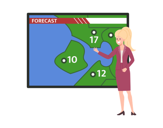 Meteorologen geben Wettervorhersage und Temperatur in verschiedenen Ländern bekannt  Illustration