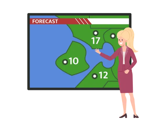 Meteorologen geben Wettervorhersage und Temperatur in verschiedenen Ländern bekannt  Illustration