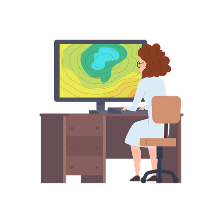 Meteorologin Frau studiert Wettervorhersage am Computer  Illustration