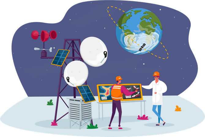 Meteorologist on Meteo Station near Transmission Tower with Satellite on Earth Orbit  Illustration