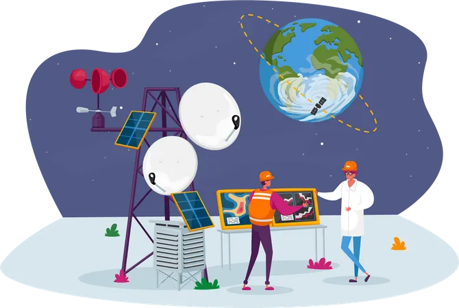 Meteorologist on Meteo Station near Transmission Tower with Satellite on Earth Orbit  Illustration