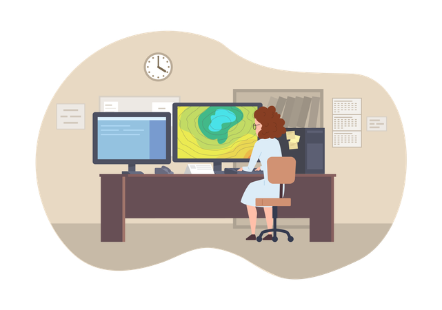 Meteorologist watching weather radar at computer screen at desk  Illustration