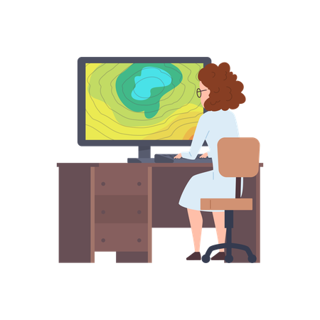 Meteorologist woman studying weather forecaster on computer  Illustration