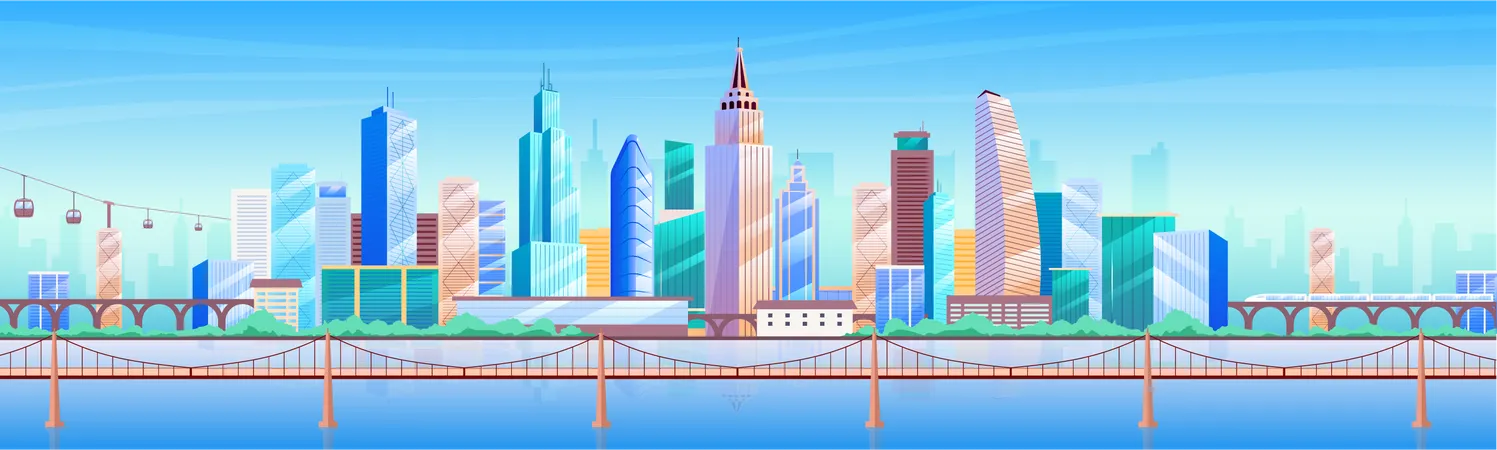 City Skyline Flat Color Vector Illustration Modern Metropolis 2 D Cartoon Cityscape With Skyscrapers On Background Business District Downtown Panorama With Tall Buildings And Bridge Illustration