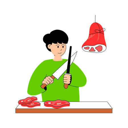 Metzger schneidet Fleisch mit Messer  Illustration