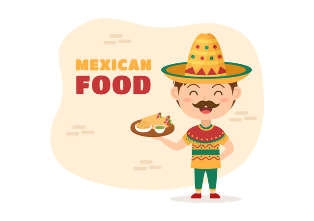 Mexican chef presenting mexican food Illustration