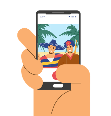 携帯電話で自撮りするメキシコ人カップル  イラスト