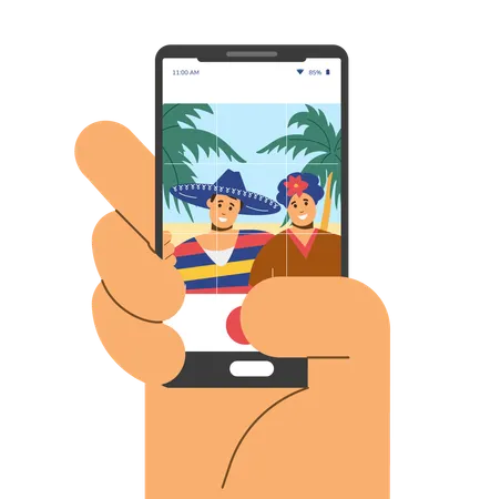 携帯電話で自撮りするメキシコ人カップル  イラスト