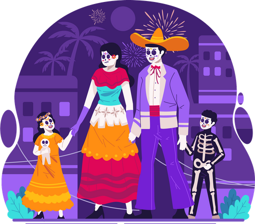 Mexican family dressed in traditional mexican costumes at day of dead Carnival  Illustration