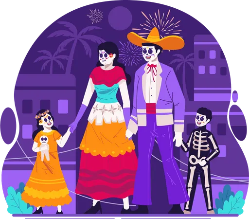 Mexican family dressed in traditional mexican costumes at day of dead Carnival  Illustration