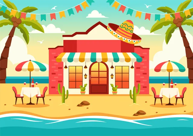 Mexican Food Restaurant Vector Illustration With Various Of Delicious Traditional Cuisine Tacos Nachos And Other On Flat Cartoon Background Illustration