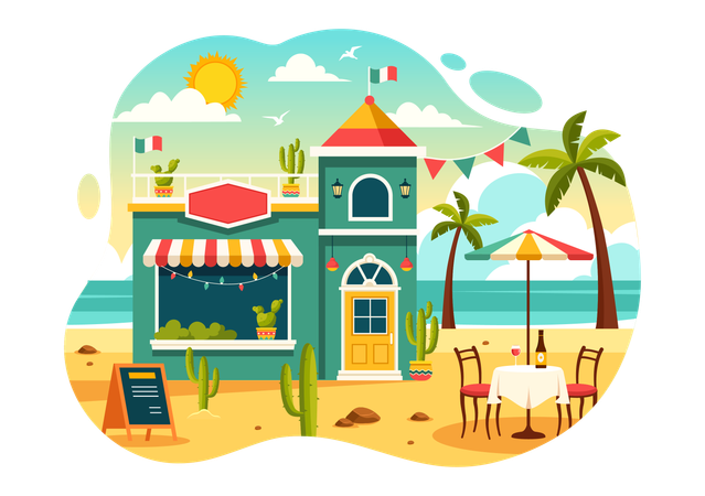 Mexican Food Restaurant at beach  Illustration