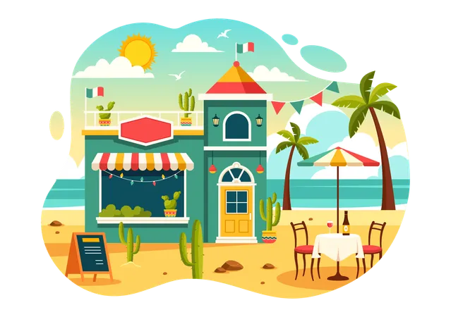Mexican Food Restaurant at beach  Illustration